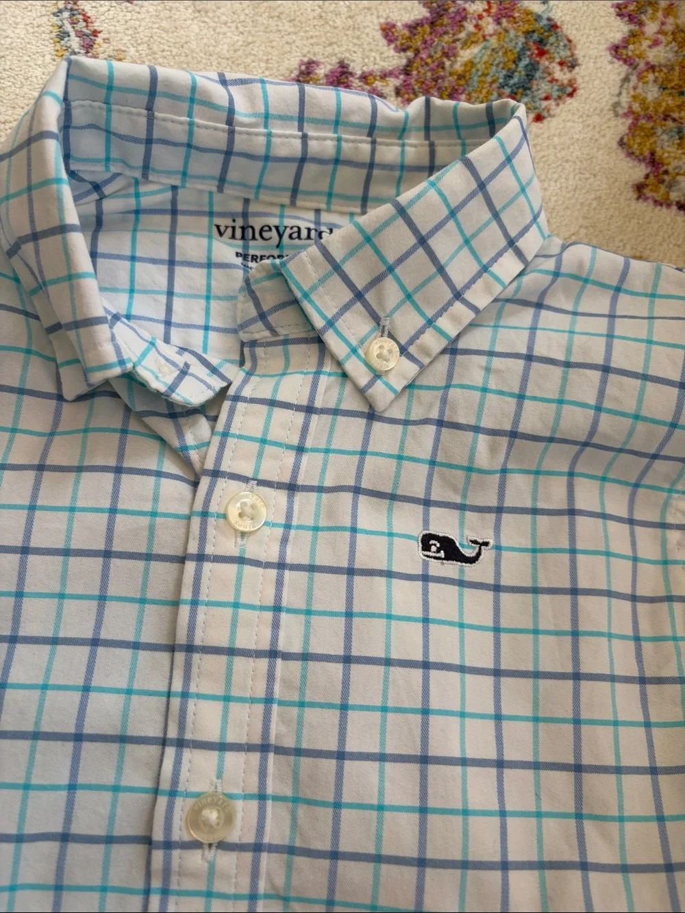 Vineyard Vines Boys White Button-Down Shirt with Light Blue Grid